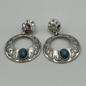 Free People Silver and Blue Hoop Earrings with Southwestern Design